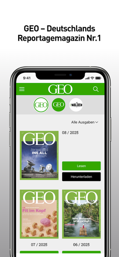 A smartphone displaying the library of GEO Digital Magazin with various issues and options to read or download