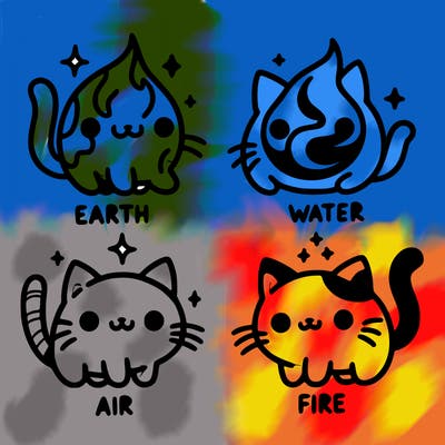 4 cats that represent the different elements, earth, water, air, and fire