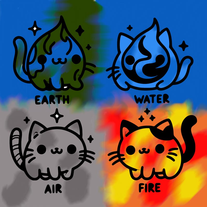 4 cats that represent the different elements, earth, water, air, and fire