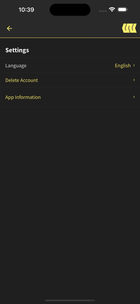 West Bouldering - Tela de configurações do aplicativo West Bouldering mostrando opções para gerenciamento de idioma e conta