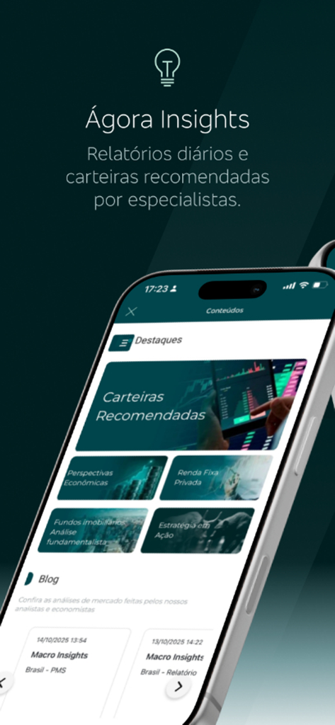Ágora - Interface of the Agora app showing investment insights and recommended portfolios.