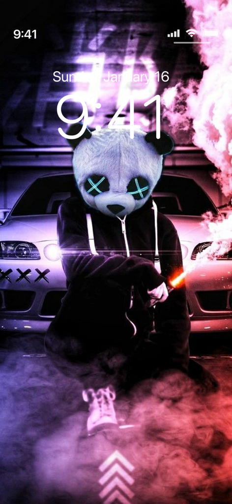 Panda mask person with glowing blue eyes and colorful smoke on phone lock screen