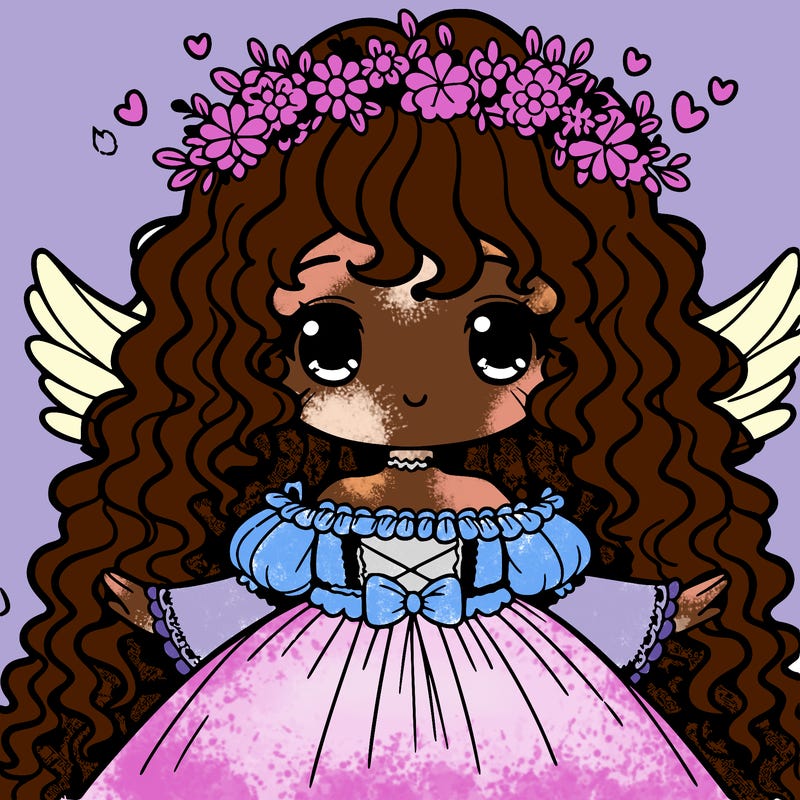 curly haired anime girl with angel wings and a flower crown and a flowery princess dress
