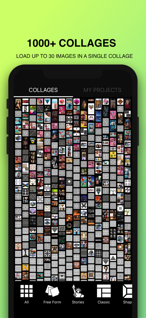 Photo Collage Maker : Pic Grid - Pantalla de smartphone que muestra una gran biblioteca de diversas plantillas de collage de fotos y diseños de cuadrícula para publicaciones en redes sociales.