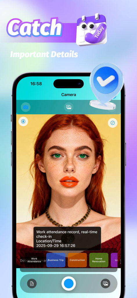 Doboy - Doboy App-Kamera-Oberfläche, die ein Wasserzeichen für die Arbeitsanwesenheit mit Echtzeit-Check-in-Details auf einem Foto anzeigt.