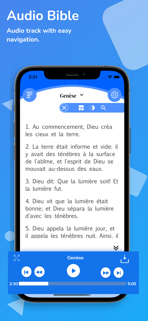 La Bible Du Semeur (BDS) - Interface de la Bible Audio de l'application La Bible Du Semeur montrant des écritures en français avec des commandes de lecture
