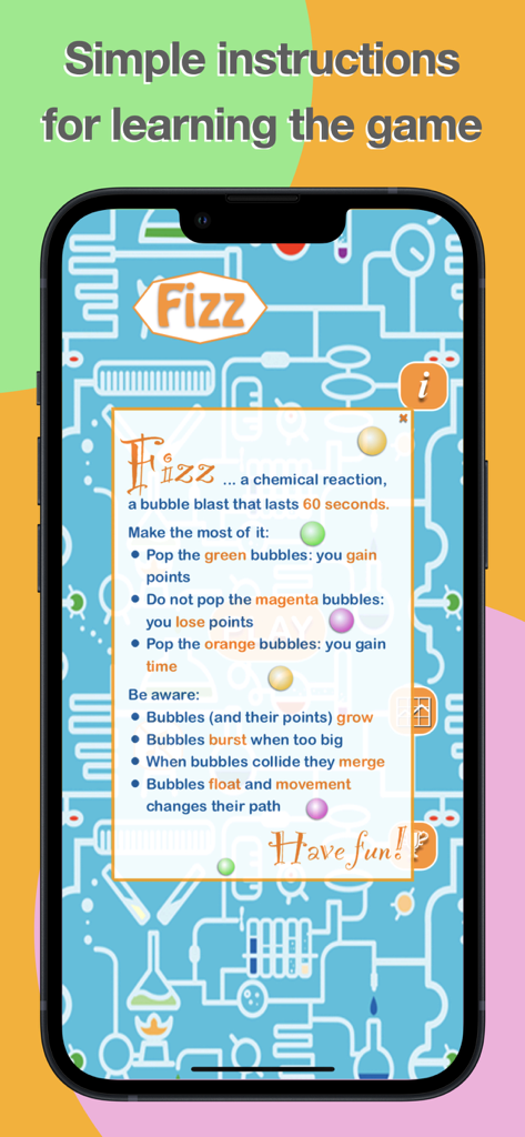 Fizz - Instruction screen for Fizz app explaining bubble types and game rules for kids
