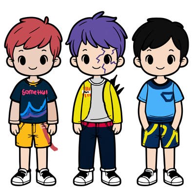 group of 3 realistic boys. full body.