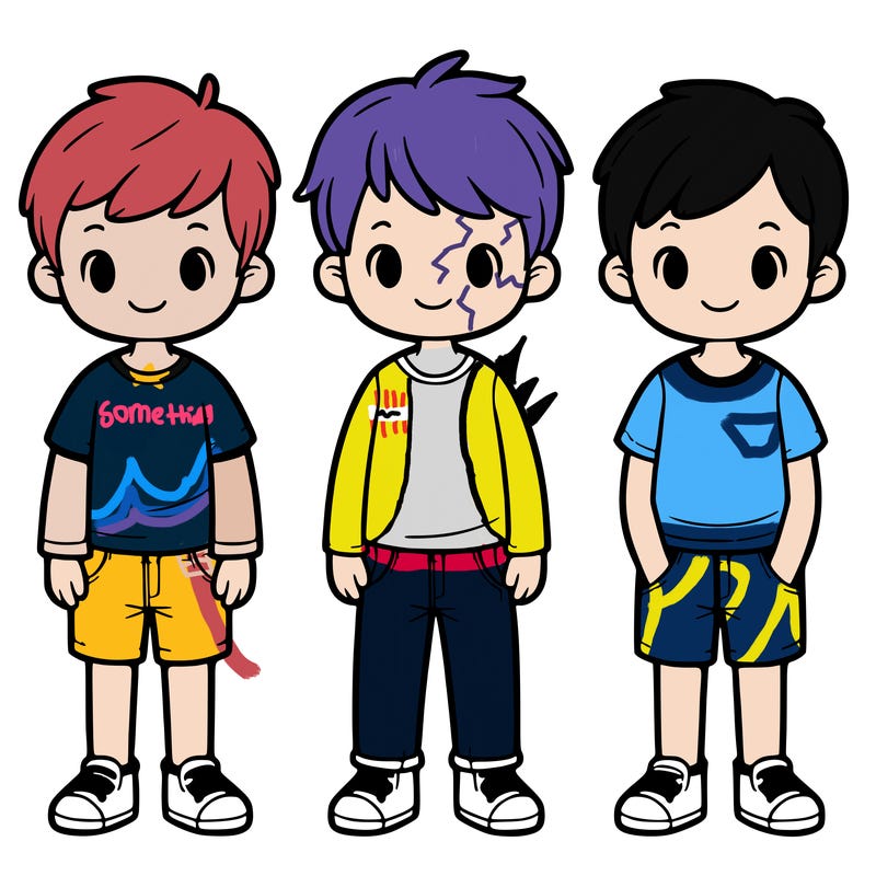 group of 3 realistic boys. full body.
