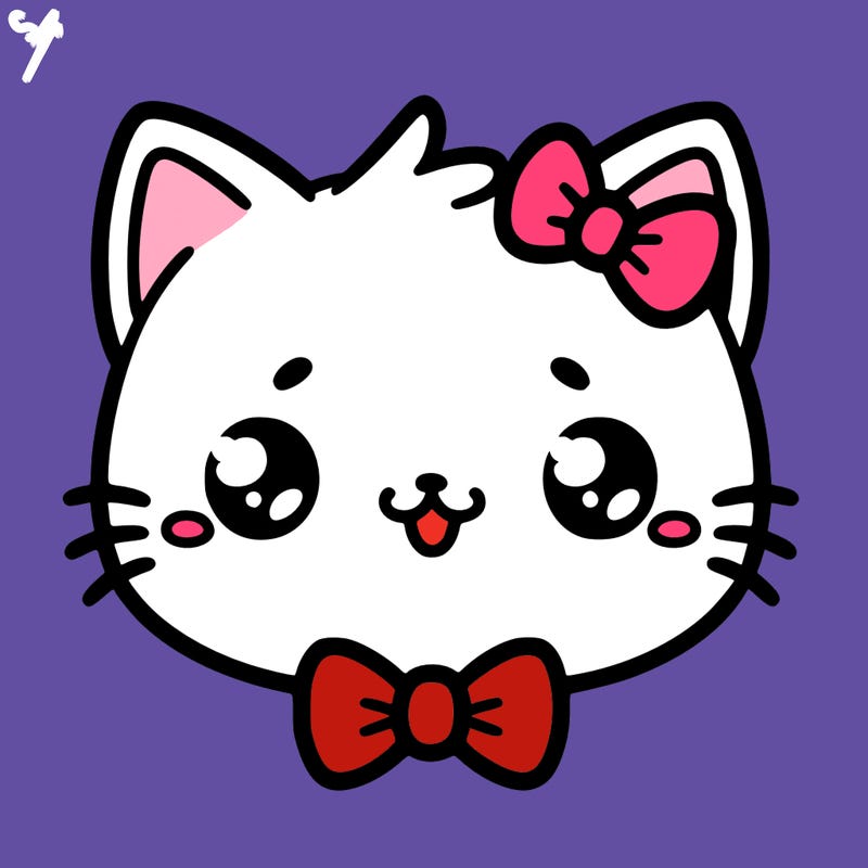 kawaii cat with a bow tie hanging from his ear
