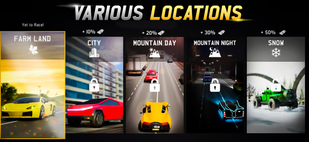 MR RACER - Selection screen showing various racing environments in MR RACER including Farm Land City and Snow