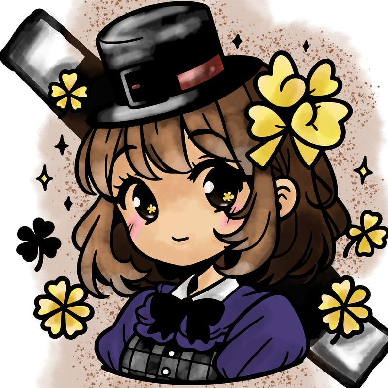 a manga-style girl with clovers around her, a little hat in her hair, like it's saint patrick's day