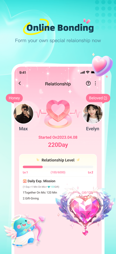 A screenshot of the Dino app showing two users in a committed online relationship with a leveling system