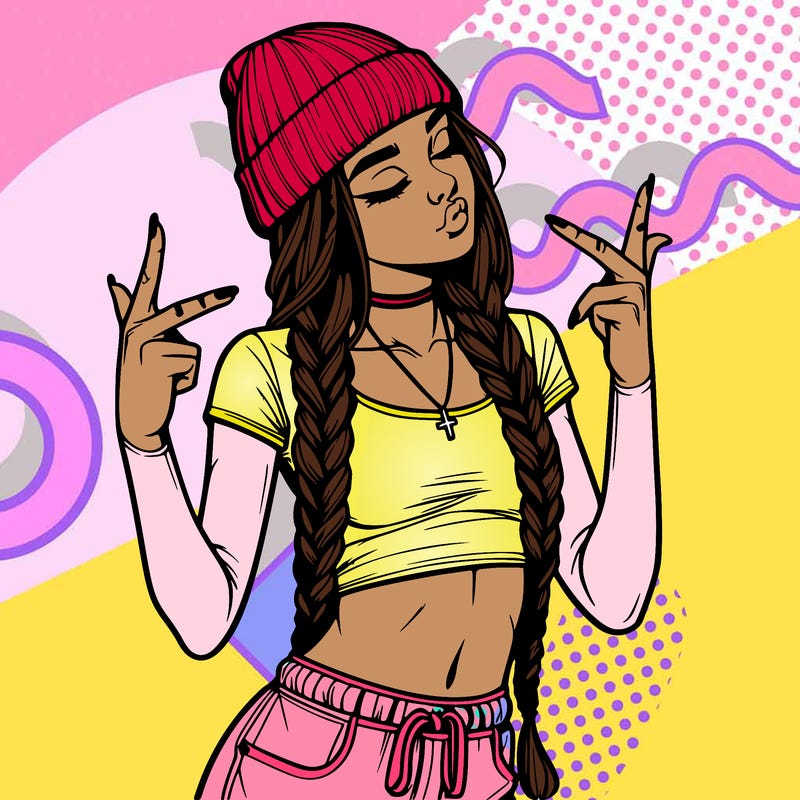 realistic teenage girl with braids and a beanie and crop top doing 🫶🏼