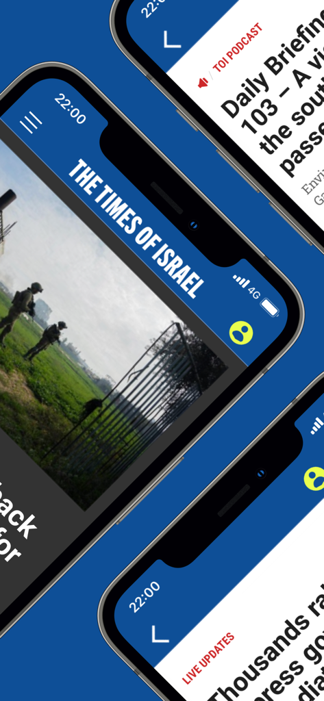 Screenshots of The Times of Israel mobile app featuring news articles, live updates, and podcasts.