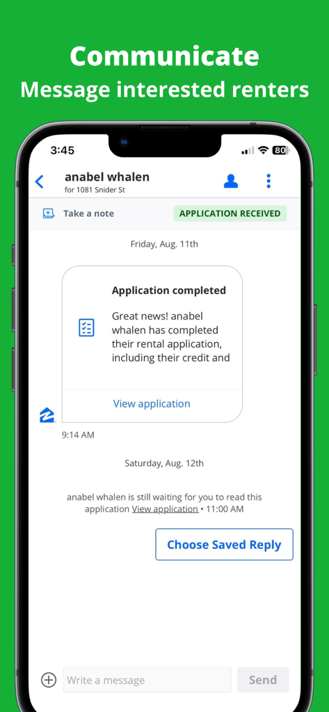 Interfaccia dell'app Zillow Rental Manager che mostra un proprietario che invia messaggi a un inquilino riguardo a una domanda di affitto completata.