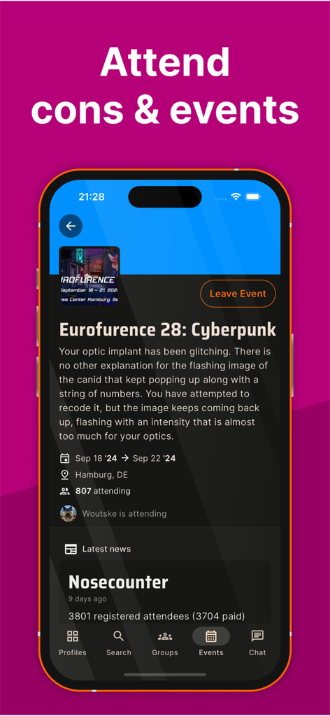 BARQ! - A screenshot of the BARQ app events page showing details for a furry convention called Eurofurence 28
