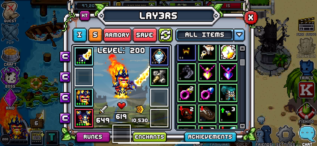 A level 200 pixel art character equipped with flaming armor in the Bit Heroes Quest inventory menu.