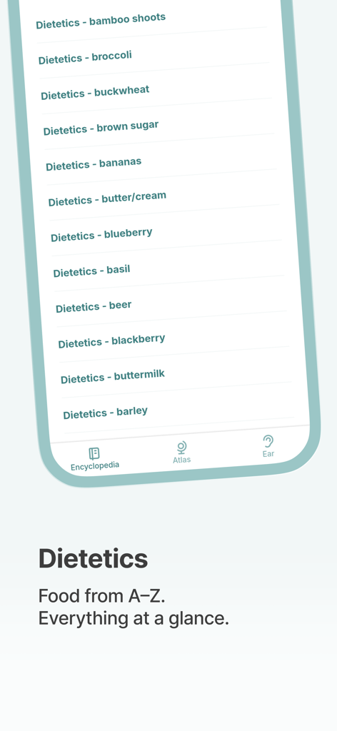 AKUDEX Acupuncture - Eine Liste von Lebensmitteln von A bis Z im Diätetik-Bereich der AKUDEX Akupunktur-App