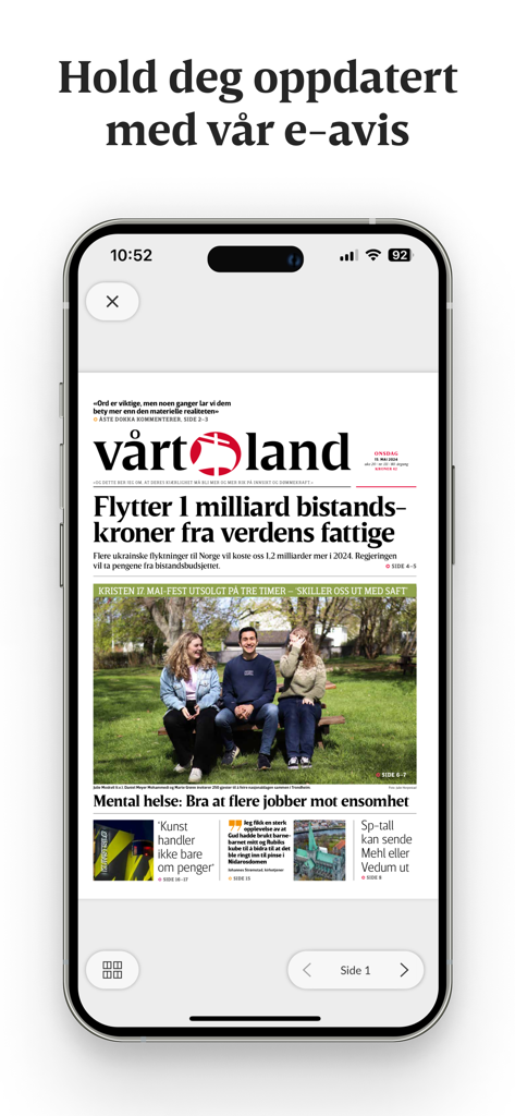 Vårt Land e-avis - iPhone displaying the Vart Land e-paper front page with news articles and headlines in Norwegian