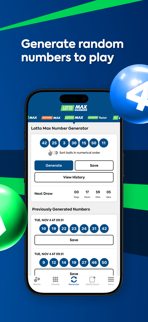 Captura de pantalla de la app Lotto Max con un generador de números aleatorios y una cuenta atrás para el próximo sorteo de lotería