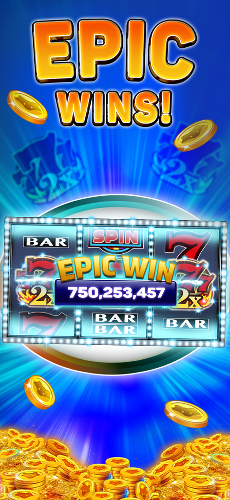 Classic Slots Casino - Pantalla de celebración de Victoria Épica en Classic Slots Casino con una máquina tragamonedas de tres rodillos y monedas de oro cayendo