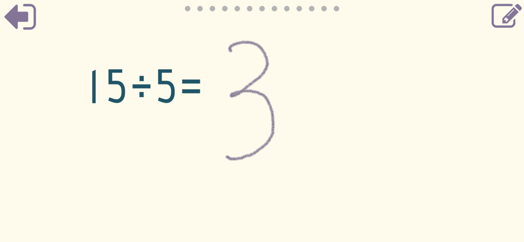 Math Shot Division - A division problem fifteen divided by five with the answer three handwritten on the screen