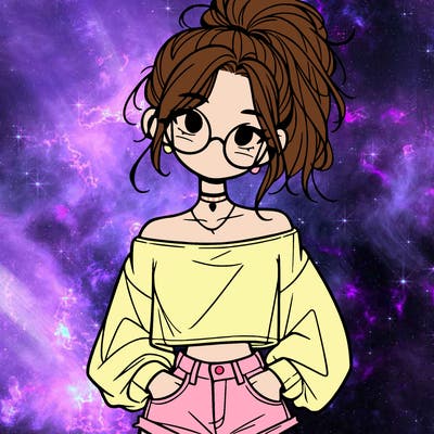 girl with a messy ponytail glasses a baggy crop top and jean shorts