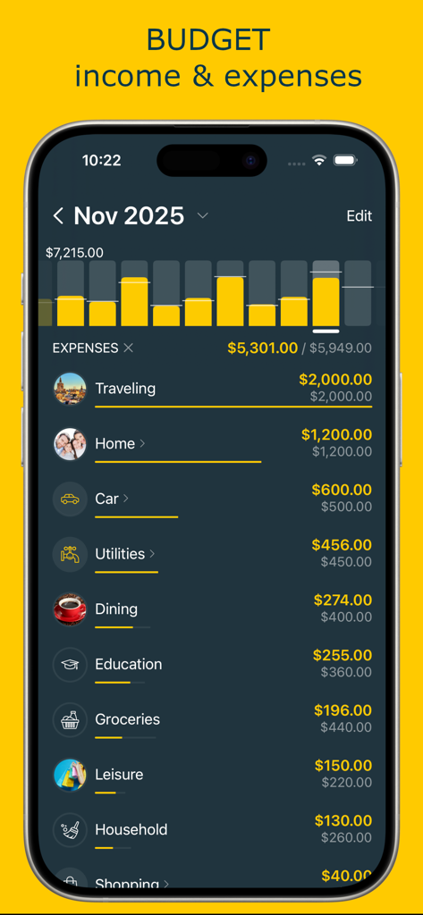 Money Pro 앱 인터페이스가 월별 예산 범주와 지출 진행률 표시줄을 보여줍니다.
