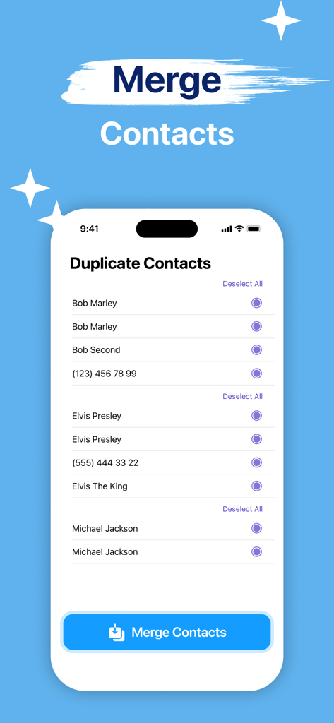 Phone Cleaner - Clean Up - iPhone app screen showing the feature to merge and organize duplicate contacts