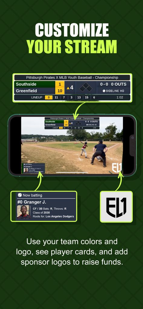 sidelineHD - Stream live di baseball con sovrapposizioni personalizzate di tabellone segnapunti e schede giocatore sull'app sidelineHD.