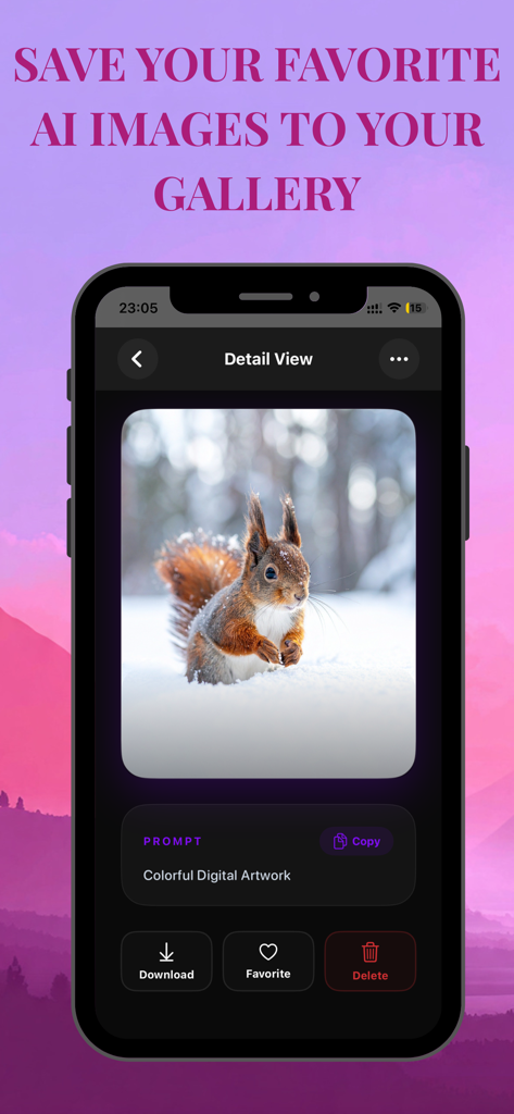 ArtAIモバイルアプリ。AI生成のリス画像と、ダウンロードおよびお気に入りのオプションを表示。