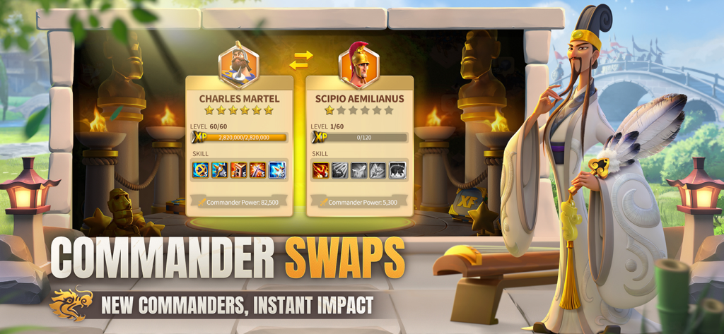 Rise of Kingdoms game interface showing the commander swaps feature between Charles Martel and Scipio Aemilianus