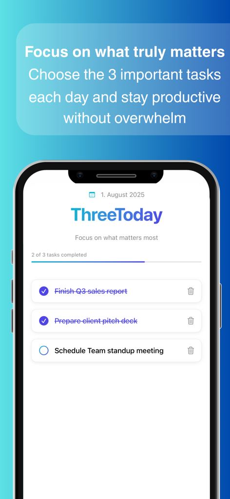 ThreeToday - Pantalla de la aplicación ThreeToday mostrando tres tareas diarias y un rastreador de progreso