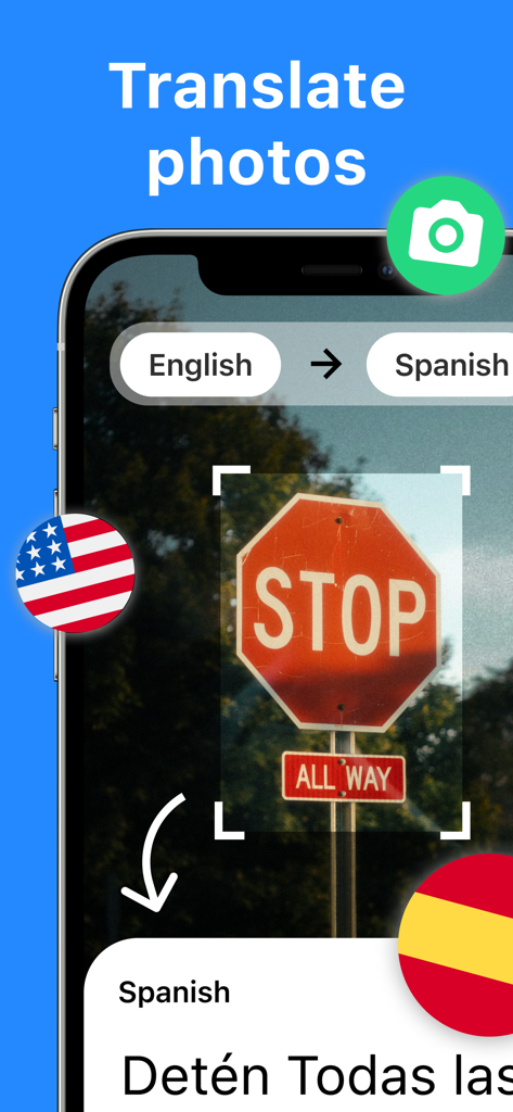 Translator AI: Photo, Voice - Smartphone displaying a photo translation of a stop sign from English to Spanish using the Translator AI app.