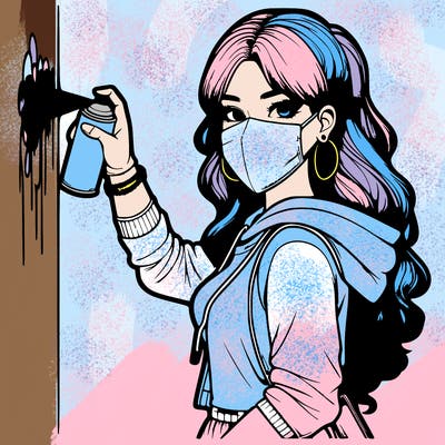 realistic girl with mask spray painting a wall