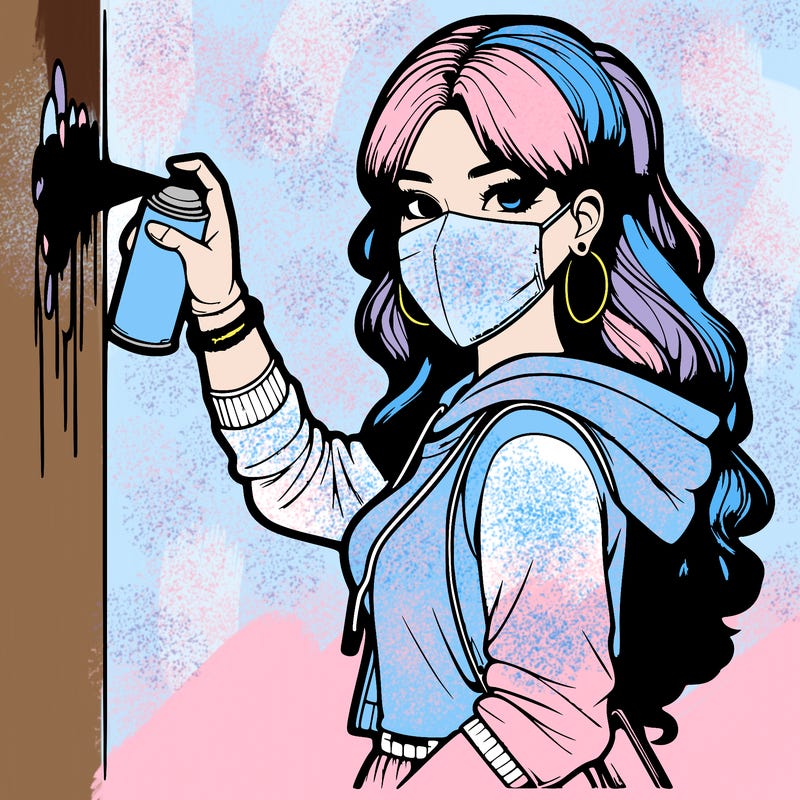 realistic girl with mask spray painting a wall