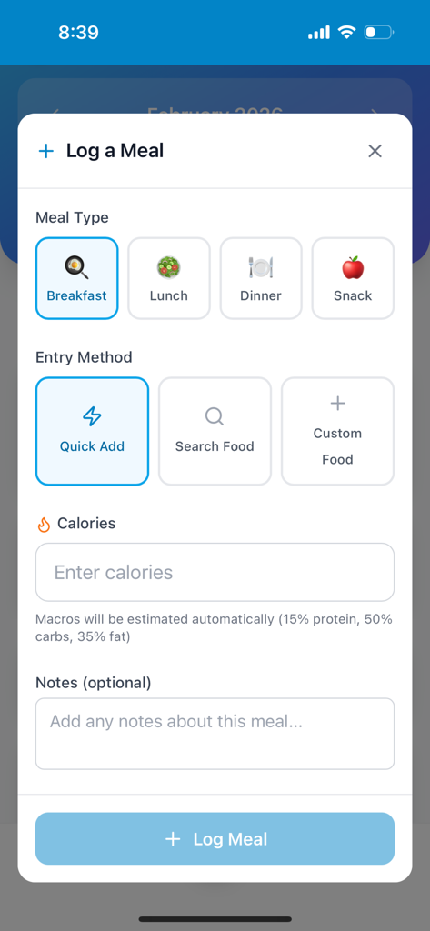 YumBridge – AI Food Tracker - User interface for manually logging a meal in the YumBridge app showing meal type and calorie entry fields