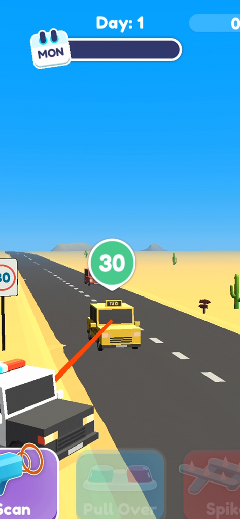 Let's Be Cops 3D - A police car scanning a yellow taxi for speeding in the desert in Lets Be Cops 3D mobile game