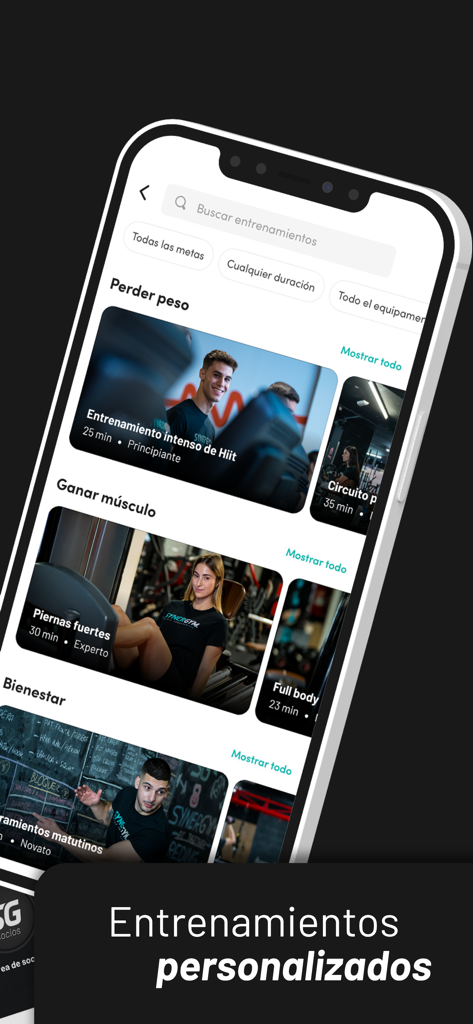 Synergym app interface displaying personalized workout routines for weight loss and muscle gain