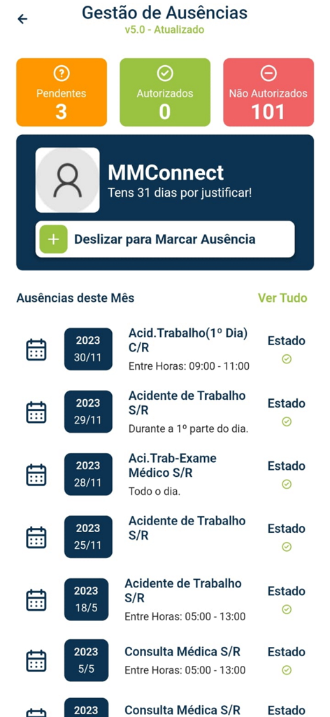 TimeAPP - Dashboard of TimeAPP showing absence management status summaries and a monthly history list