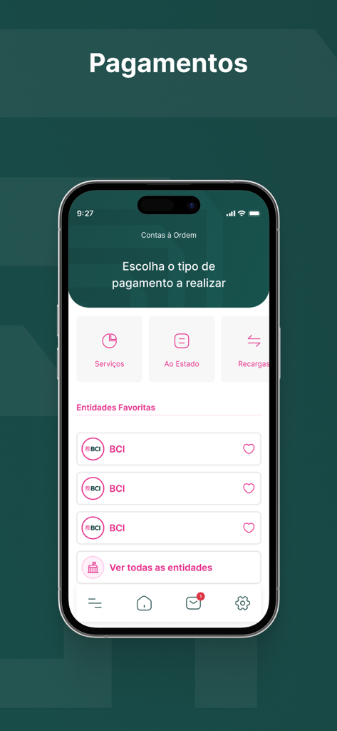 BCI MOBILE app payments screen showing options for services state payments and recharges