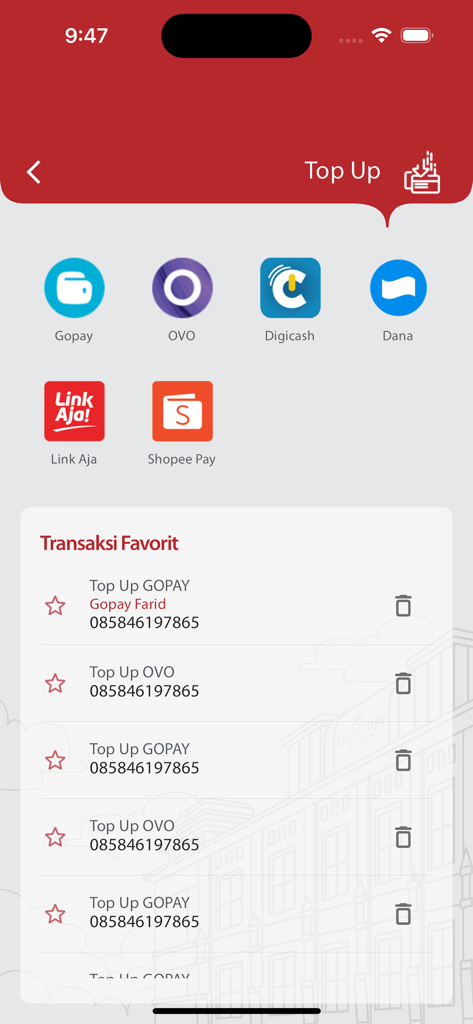 Mobile Maslahah by bjb syariah - Auflade-Bildschirm der Mobile Maslahah App mit verschiedenen E-Wallet-Optionen wie Gopay OVO und Shopee Pay