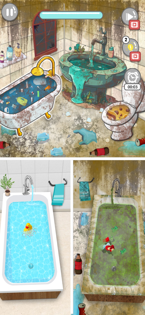 Comparación lado a lado de un baño sucio y limpio con una simulación de bañera en un juego de limpieza ASMR