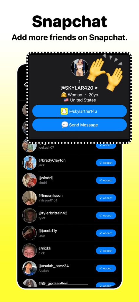 Dizkover: Find Friends Near Me - Dizkover app screen showing user profiles with Snapchat handles to add new friends.