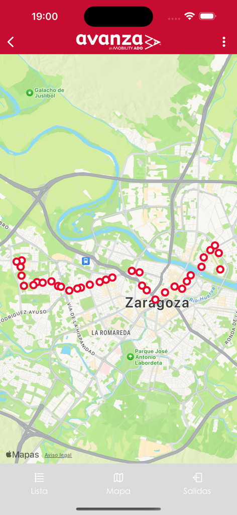Vista de mapa en la app Autobuses Urbanos de Zaragoza mostrando una ruta de autobús con múltiples marcadores de parada rojos por la ciudad