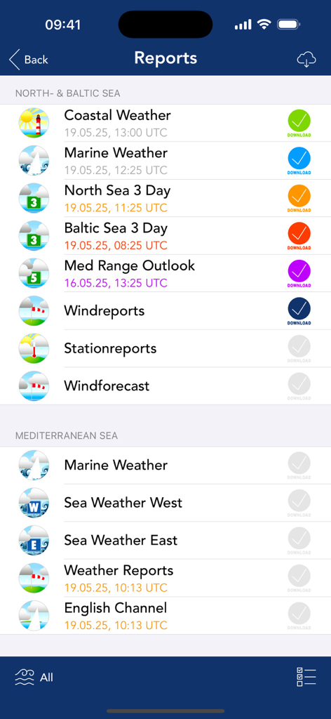 Sea Weather Professional - A list of available marine weather reports for the North Baltic and Mediterranean Sea in the Sea Weather Professional app interface