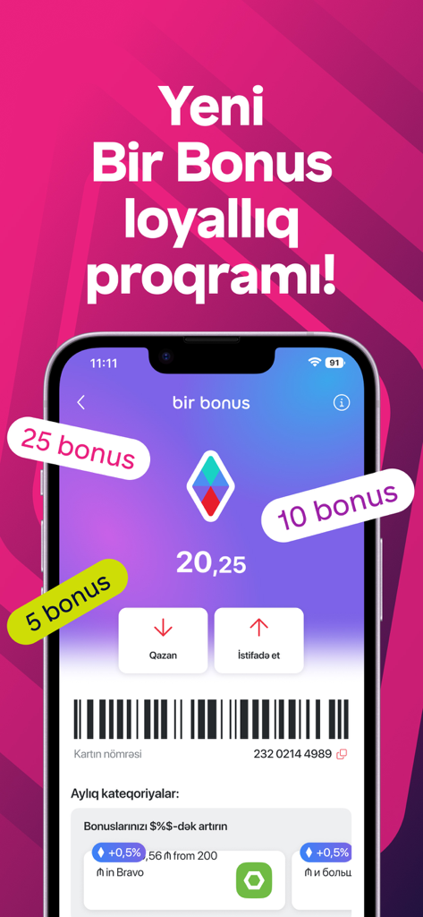 Birmarket: Online Shopping App - Birmarket app screenshot showing the Bir Bonus loyalty rewards program and digital membership card