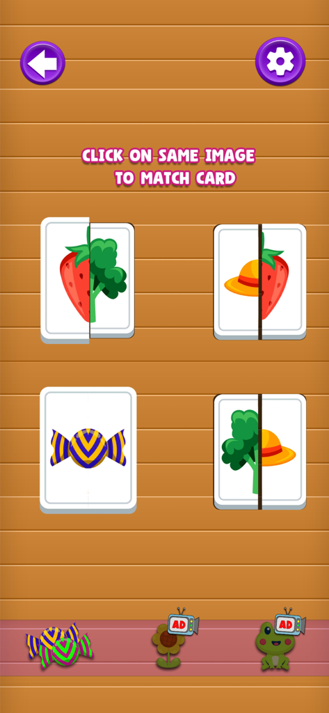 A memory matching puzzle featuring colorful fruit and candy icons