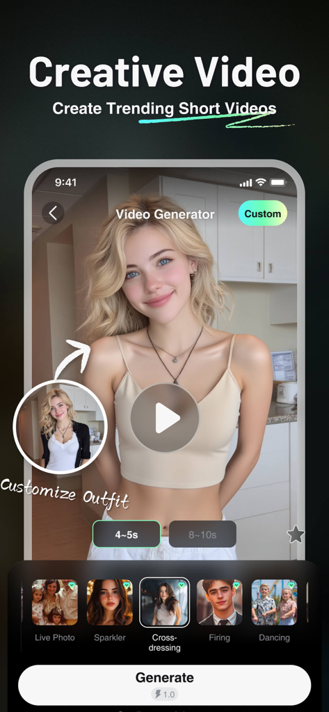 VioAI: Video & Image Maker - VioAIアプリインターフェース。短い動画用のAI衣装カスタマイズ機能を備えたクリエイティブ動画ジェネレーターが表示されています。